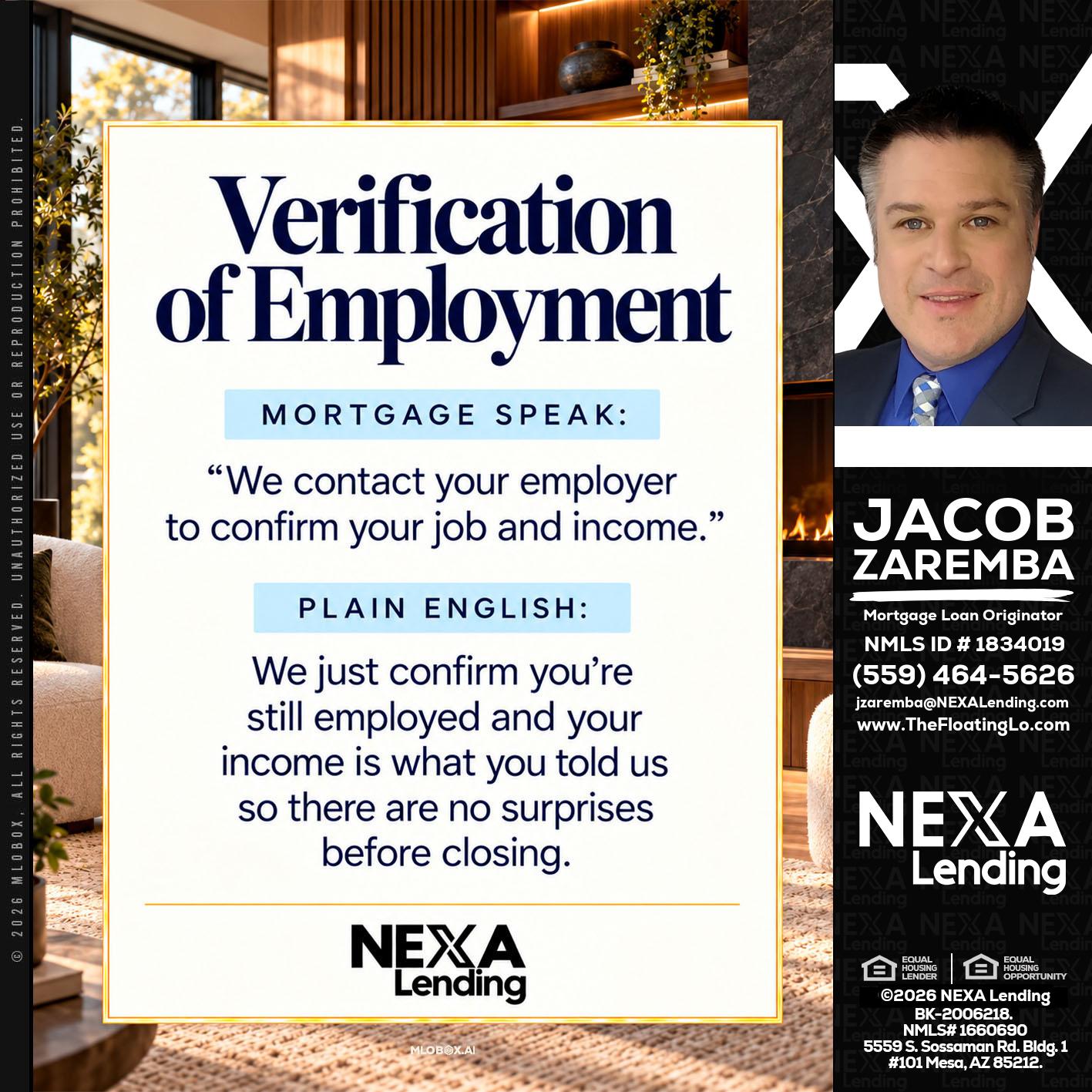 VERIFICATION OF EMPLOYMENT - Jacob Zaremba -MLO RMLO CMLO